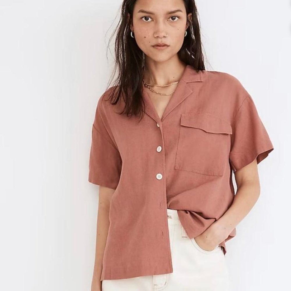 Madewell Linen dusty pink short sleeve buttondown